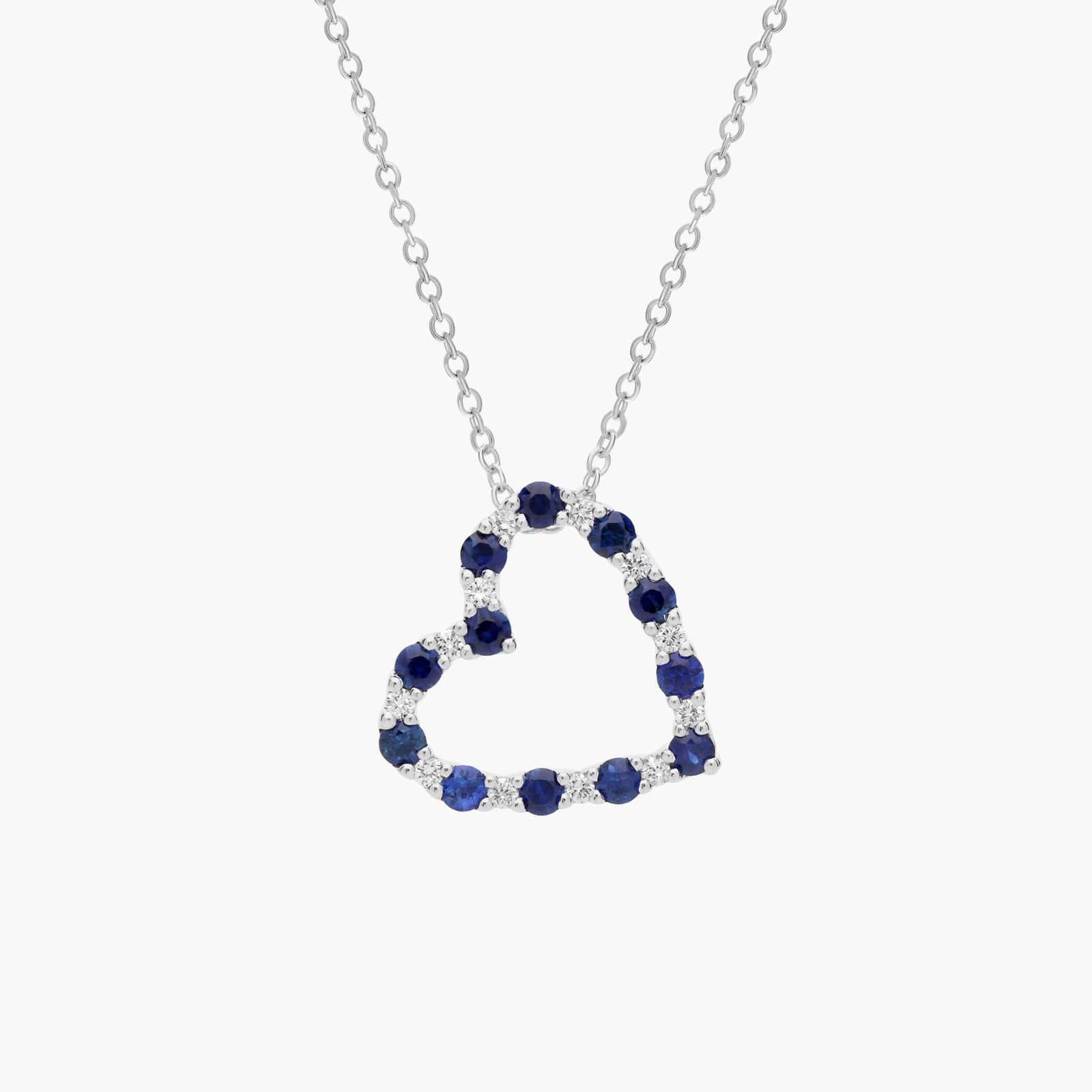 Sapphire Heart Necklace- Luxury Push Present Ideas for Wife A Luna Sapphire and Diamond Heart Pendant Necklace in 14K White Gold, a thoughtful push present idea from husband and excellent luxury push present ideas gift.