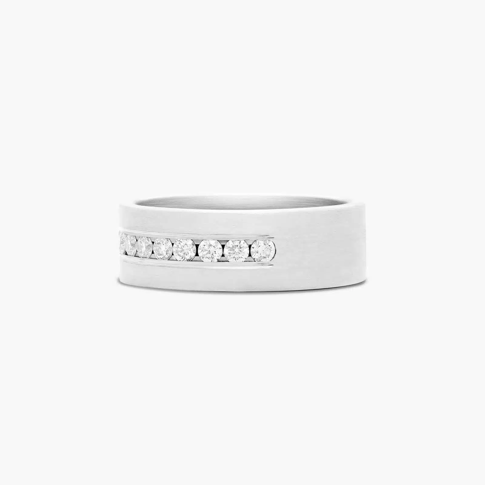 A Satin Finish Channel Set Mens Wedding Band With Diamonds (8.00mm) with 0.96 CTW of diamonds, set in Platinum.