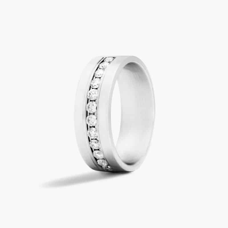 A Satin Finish Channel Set Mens Wedding Band With Diamonds (8.00mm) with 0.96 CTW of diamonds, set in Platinum.
