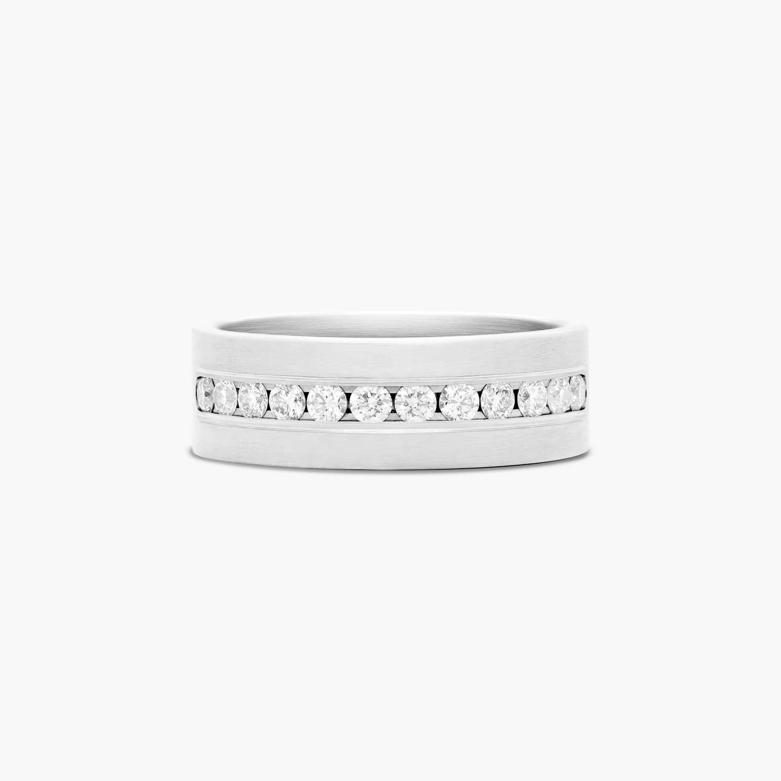 A Satin Finish Channel Set Mens Wedding Band With Diamonds (8.00mm) with 0.96 CTW of diamonds, set in Platinum.