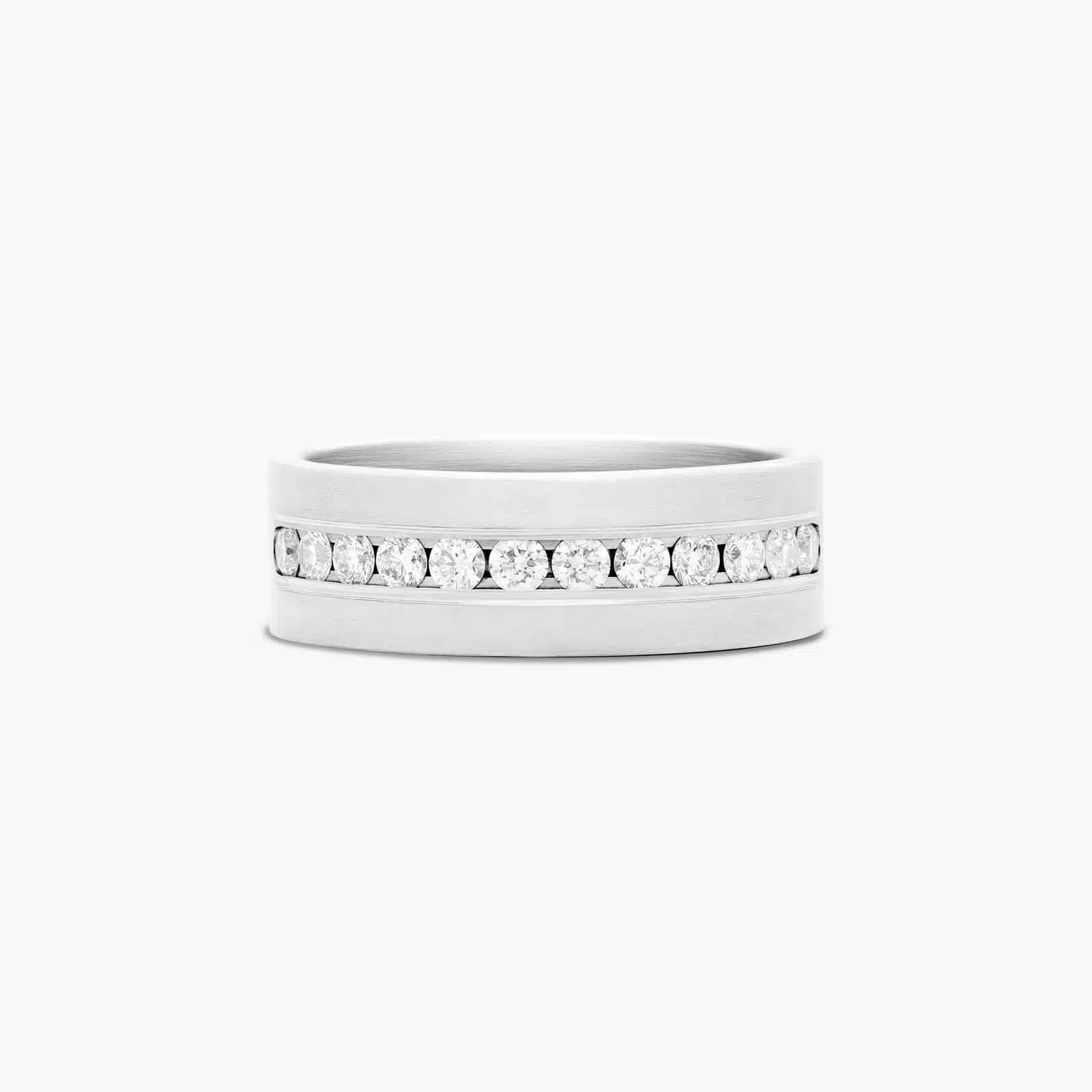 A Satin Finish Channel Set Mens Wedding Band With Diamonds (8.00mm) with 0.96 CTW of diamonds, set in Platinum.