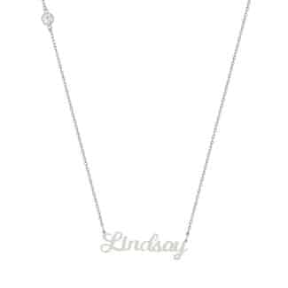 A personalized Script Name Necklace in 14K White Gold with a 0.10 CTW DEW Moissanite accent, a thoughtful option among Luxury Push Present Ideas and push present necklace for mom gifts.