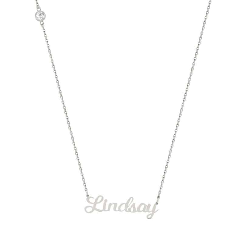 A personalized Script Name Necklace in 14K White Gold with a 0.10 CTW DEW Moissanite accent, a thoughtful option among Luxury Push Present Ideas and push present necklace for mom gifts.