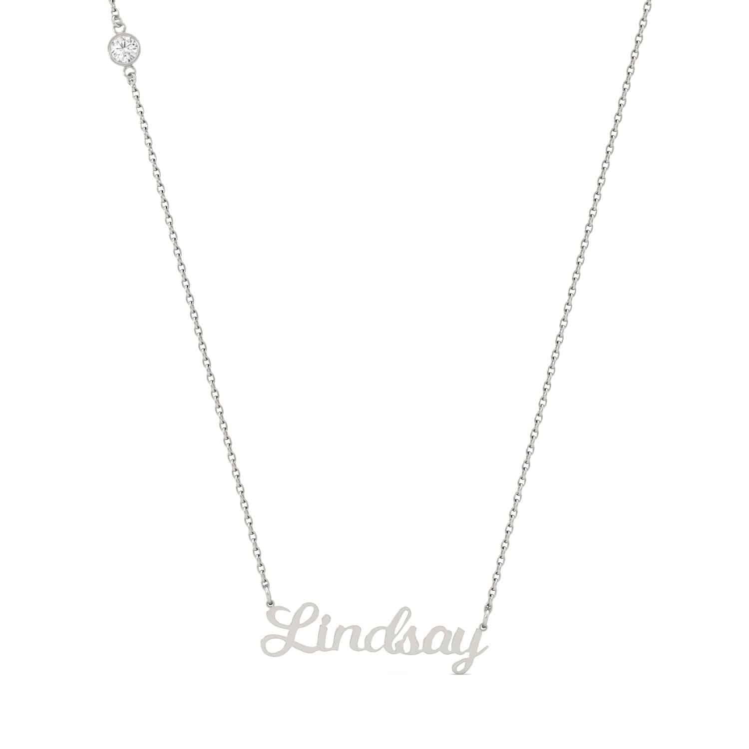 A personalized Script Name Necklace in 14K White Gold with a 0.10 CTW DEW Moissanite accent, a thoughtful option among Luxury Push Present Ideas and push present necklace for mom gifts.