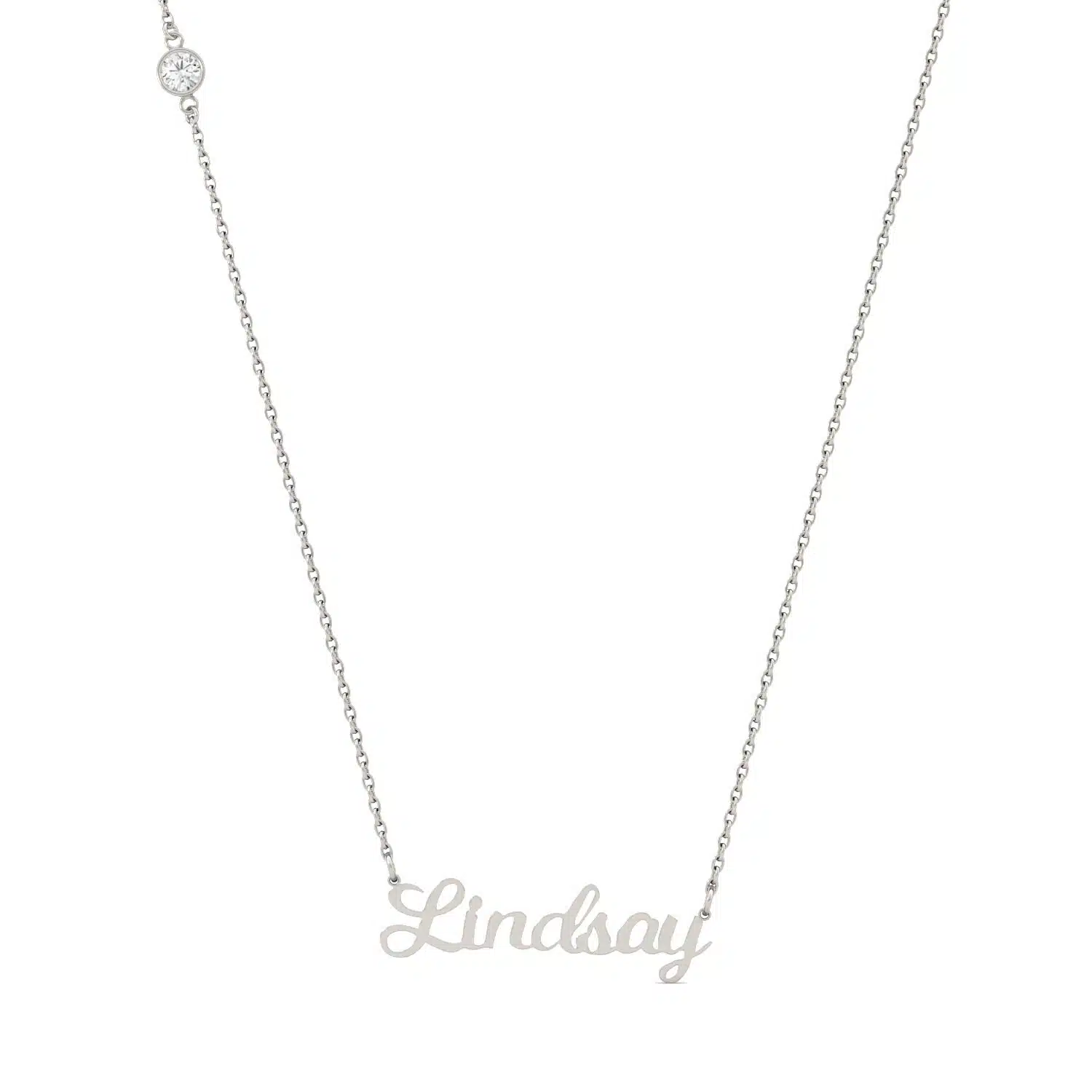 Script Name Necklace A personalized Script Name Necklace in 14K White Gold with a 0.10 CTW DEW Moissanite accent, a thoughtful option among Luxury Push Present Ideas and push present necklace for mom gifts.