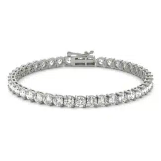 A Two-Prong Basket Tennis Bracelet with 9.66 CTW DEW Colorless Moissanite in 14K White Gold, the most glamorous option among Luxury Push Present Ideas and push present bracelet styles.
