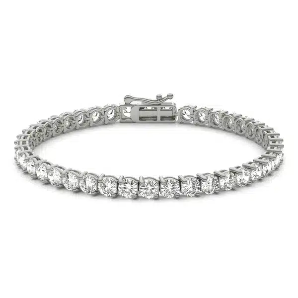 A Two-Prong Basket Tennis Bracelet with 9.66 CTW DEW Colorless Moissanite in 14K White Gold, the most glamorous option among Luxury Push Present Ideas and push present bracelet styles.