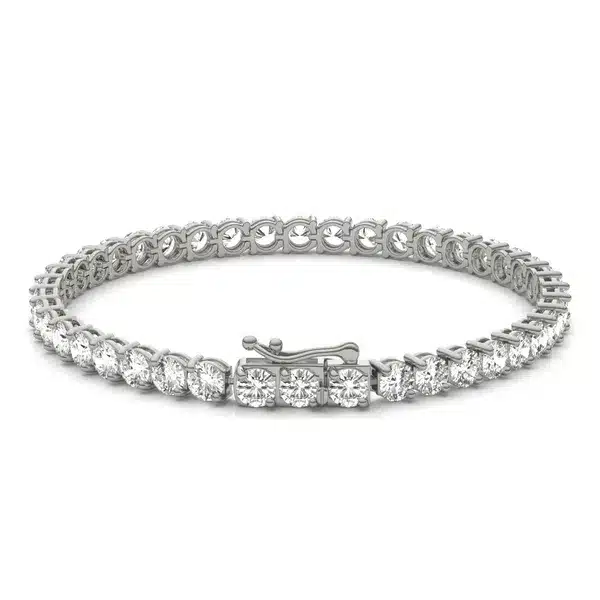 A Two-Prong Basket Tennis Bracelet with 9.66 CTW DEW Colorless Moissanite in 14K White Gold, the most glamorous option among Luxury Push Present Ideas and push present bracelet styles.