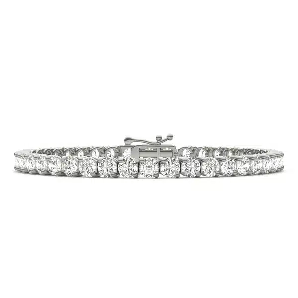 A Two-Prong Basket Tennis Bracelet with 9.66 CTW DEW Colorless Moissanite in 14K White Gold, the most glamorous option among Luxury Push Present Ideas and push present bracelet styles.