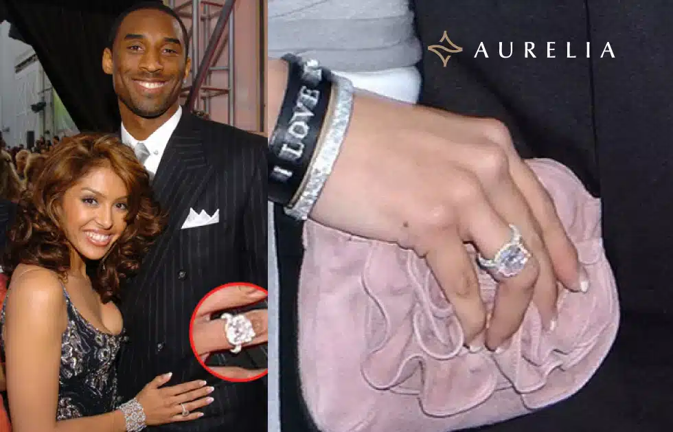 Vanessa Bryant wearing her 8-carat natural purple diamond engagement ring, gifted by Kobe Bryant, highlighting the rarity and size of the stone.