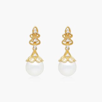 Vintage Inspired Freshwater Pearl (9.0-9.5mm) and Diamond Drop Earrings (0.10 CTW) in 14K Yellow Gold, a sophisticated choice among Luxury Push Present Ideas.