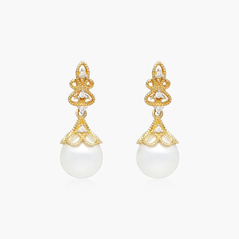 Vintage Inspired Freshwater Pearl (9.0-9.5mm) and Diamond Drop Earrings (0.10 CTW) in 14K Yellow Gold, a sophisticated choice among Luxury Push Present Ideas.
