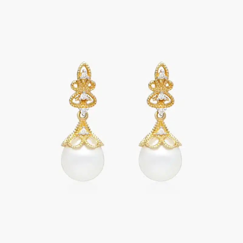 Vintage Inspired Freshwater Pearl (9.0-9.5mm) and Diamond Drop Earrings (0.10 CTW) in 14K Yellow Gold, a sophisticated choice among Luxury Push Present Ideas.