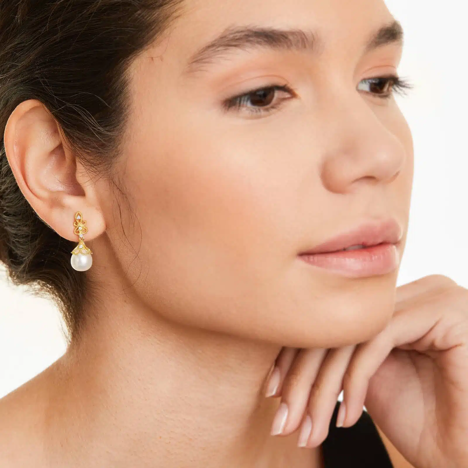 Vintage Inspired Freshwater Pearl (9.0-9.5mm) and Diamond Drop Earrings (0.10 CTW) in 14K Yellow Gold, a sophisticated choice among Luxury Push Present Ideas, model view