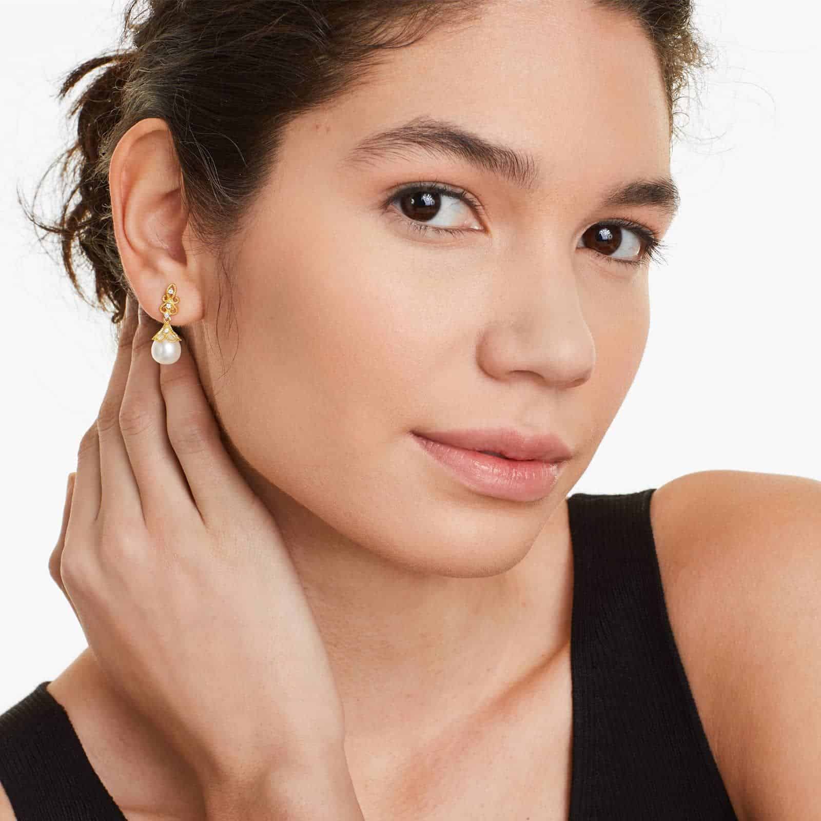 Vintage Inspired Freshwater Pearl (9.0-9.5mm) and Diamond Drop Earrings (0.10 CTW) in 14K Yellow Gold, a sophisticated choice among Luxury Push Present Ideas, model view