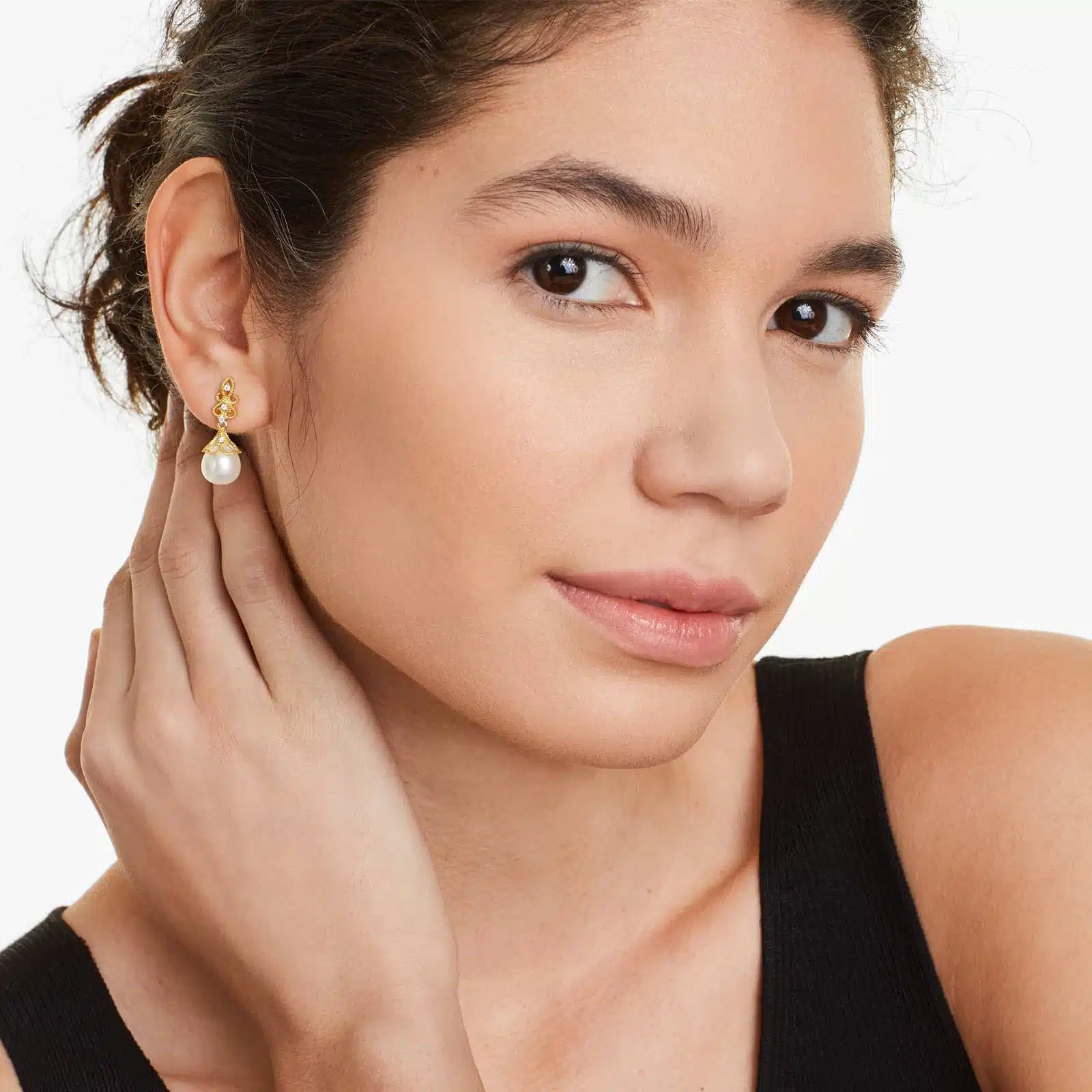 Vintage Inspired Freshwater Pearl (9.0-9.5mm) and Diamond Drop Earrings (0.10 CTW) in 14K Yellow Gold, a sophisticated choice among Luxury Push Present Ideas, model view