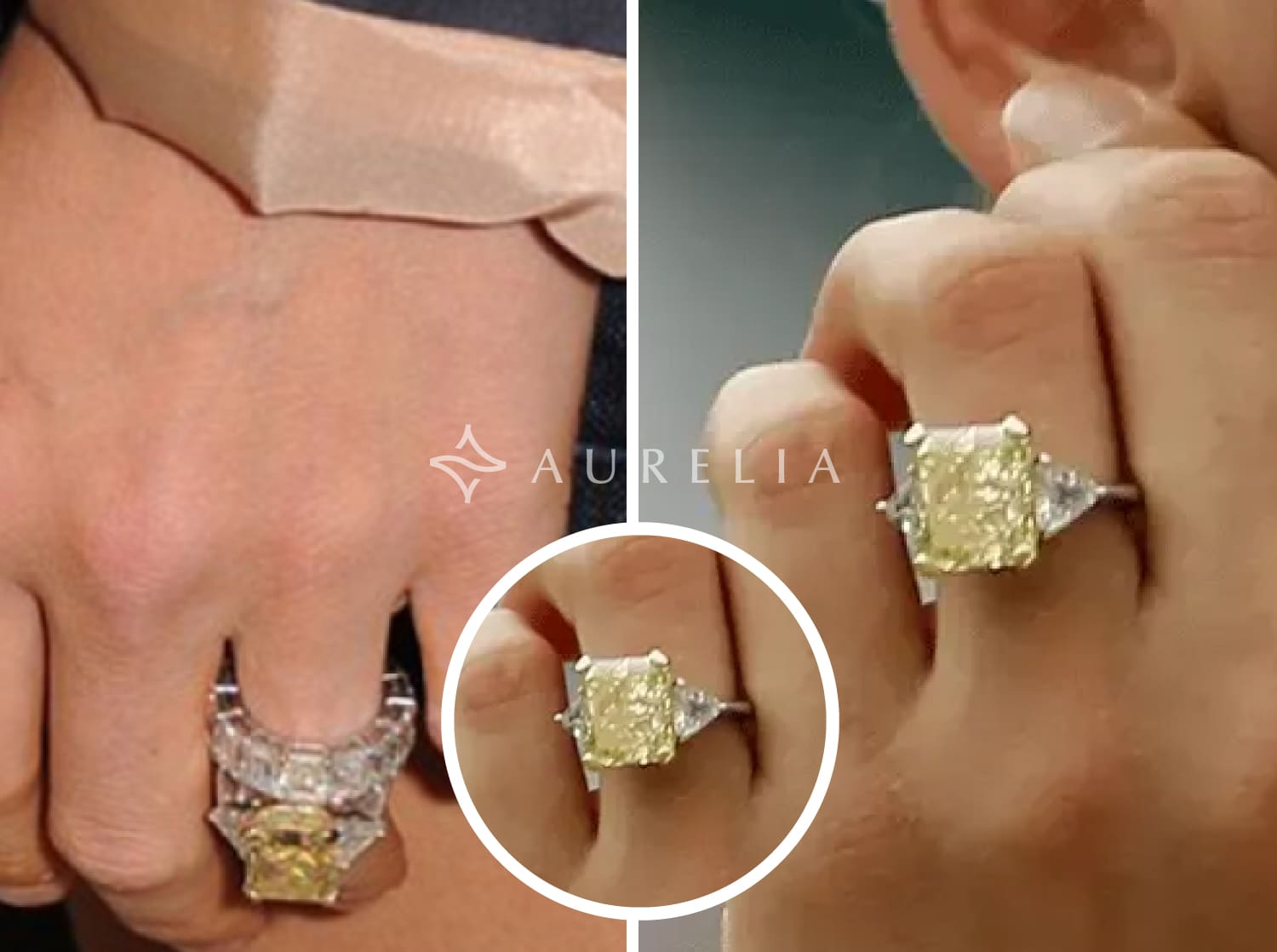 Anna Kournikova's approximately 11-carat radiant-cut yellow diamond engagement ring, set in a three-stone design flanked by colorless trillion-cut diamonds, a rare yellow diamond valued at up to $9 million.