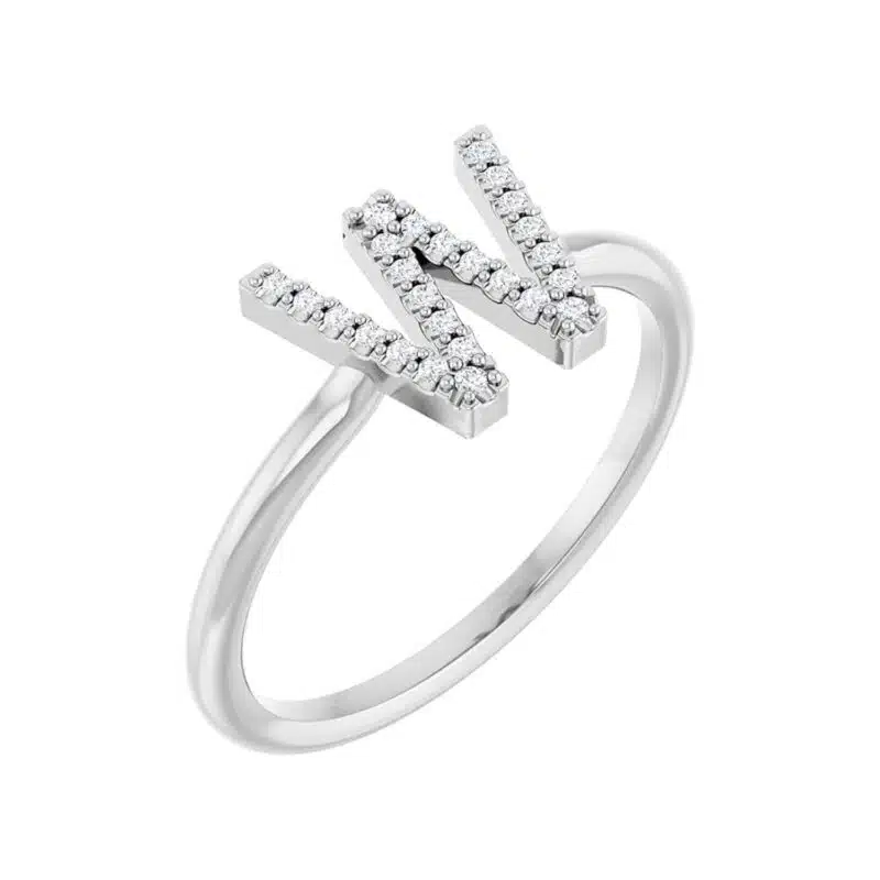 A personalized Diamond Initial Ring in solid Platinum with 0.06 CTW of natural diamonds, an enduring and luxurious choice among Luxury Push Present Ideas and push present ring options.