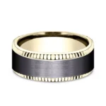 A Bastion Fluted Bevel Black Titanium and 14K Yellow Gold Mens Black Gold Wedding Bands style (8.00mm) with a brushed black center and polished gold edges.