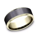 A Bastion Fluted Bevel Black Titanium and 14K Yellow Gold Mens Black Gold Wedding Bands style (8.00mm) with a brushed black center and polished gold edges.