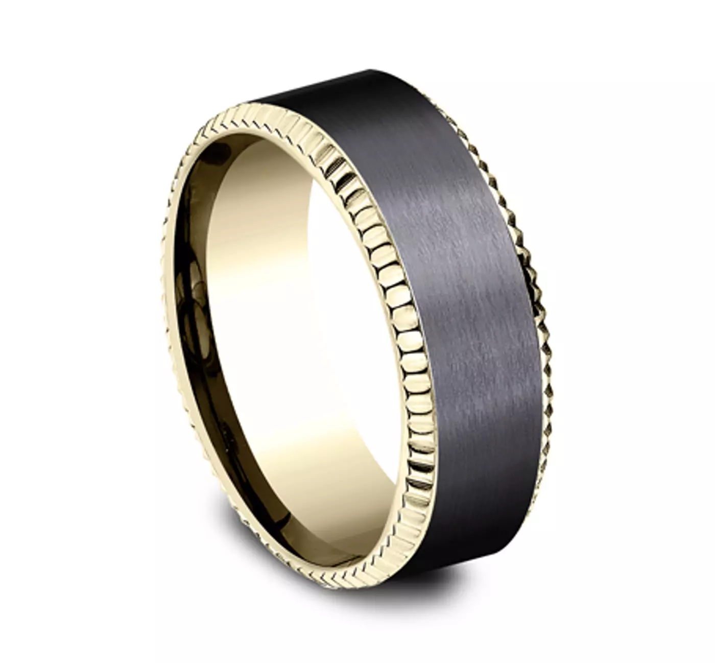 A Bastion Fluted Bevel Black Titanium and 14K Yellow Gold Mens Black Gold Wedding Bands style (8.00mm) with a brushed black center and polished gold edges.