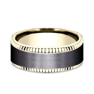 A Bastion Fluted Bevel Black Titanium and 14K Yellow Gold Mens Black Gold Wedding Bands style (8.00mm) with a brushed black center and polished gold edges.