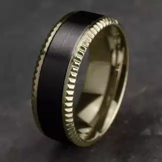 A Bastion Fluted Bevel Black Titanium and 14K Yellow Gold Mens Black Gold Wedding Bands style (8.00mm) with a brushed black center and polished gold edges.