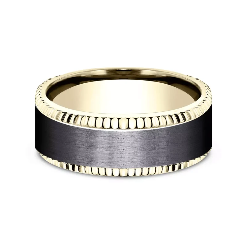 A Bastion Fluted Bevel Black Titanium and 14K Yellow Gold Mens Black Gold Wedding Bands style (8.00mm) with a brushed black center and polished gold edges.
