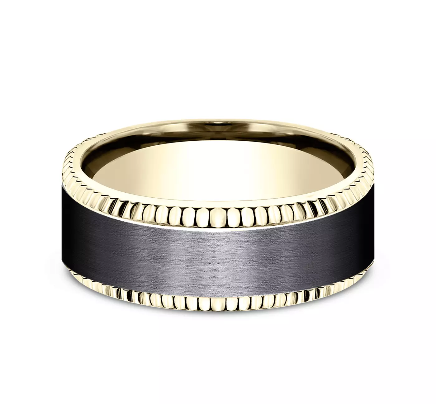 A Bastion Fluted Bevel Black Titanium and 14K Yellow Gold Mens Black Gold Wedding Bands style (8.00mm) with a brushed black center and polished gold edges.