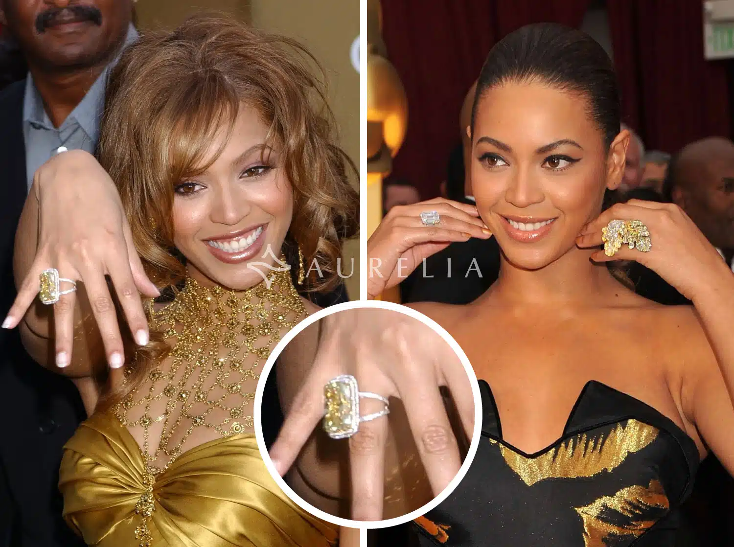 Beyoncé wearing her jaw-dropping 50-carat yellow diamond ring by Lorraine Schwartz at the 2004 Grammys, set in a halo and a dramatic split-shank pavé band, showcasing grand-scale yellow canary diamond design.