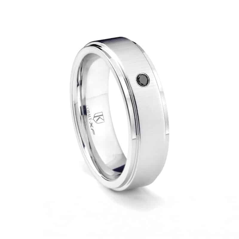 An 8MM Solitaire Black Diamond Mens Cobalt Diamond Wedding Bands ring in Hypoallergenic Cobalt Chrome with a raised center.