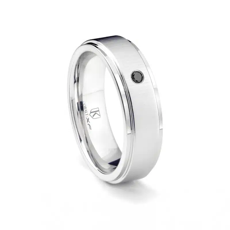 An 8MM Solitaire Black Diamond Mens Cobalt Diamond Wedding Bands ring in Hypoallergenic Cobalt Chrome with a raised center.
