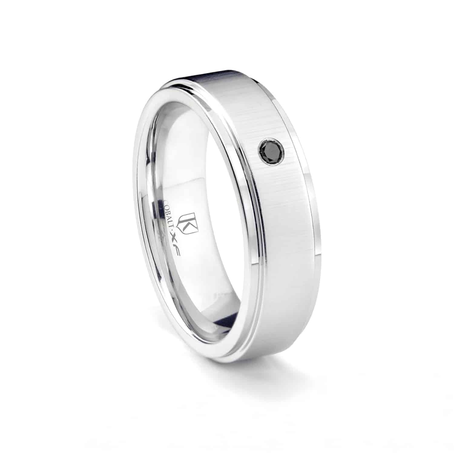 An 8MM Solitaire Black Diamond Mens Cobalt Diamond Wedding Bands ring in Hypoallergenic Cobalt Chrome with a raised center.