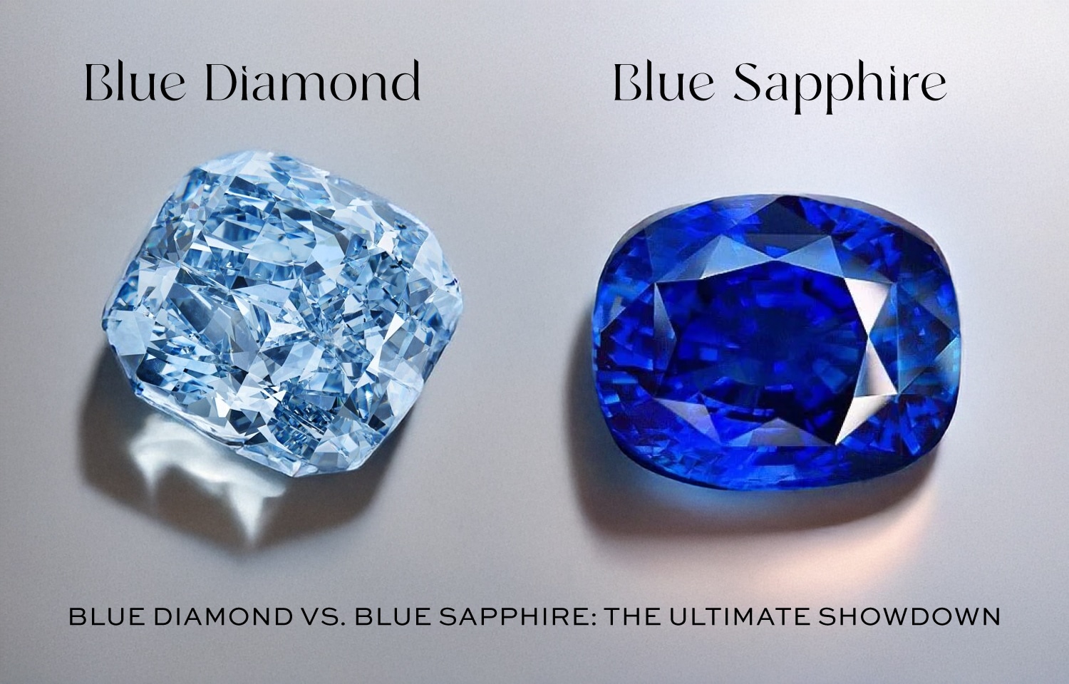 Blue Diamond vs. Blue Sapphire Comparison: Side-by-side visual of a cushion-cut Blue Diamond (sparkling, icy) next to a cushion-cut Blue Sapphire (deep, velvety blue). The image highlights the aesthetic difference for users comparing the two rarest blue gemstones, noting the vast difference in price and durability (Mohs scale 10 vs. 9) for a blue diamond engagement ring.