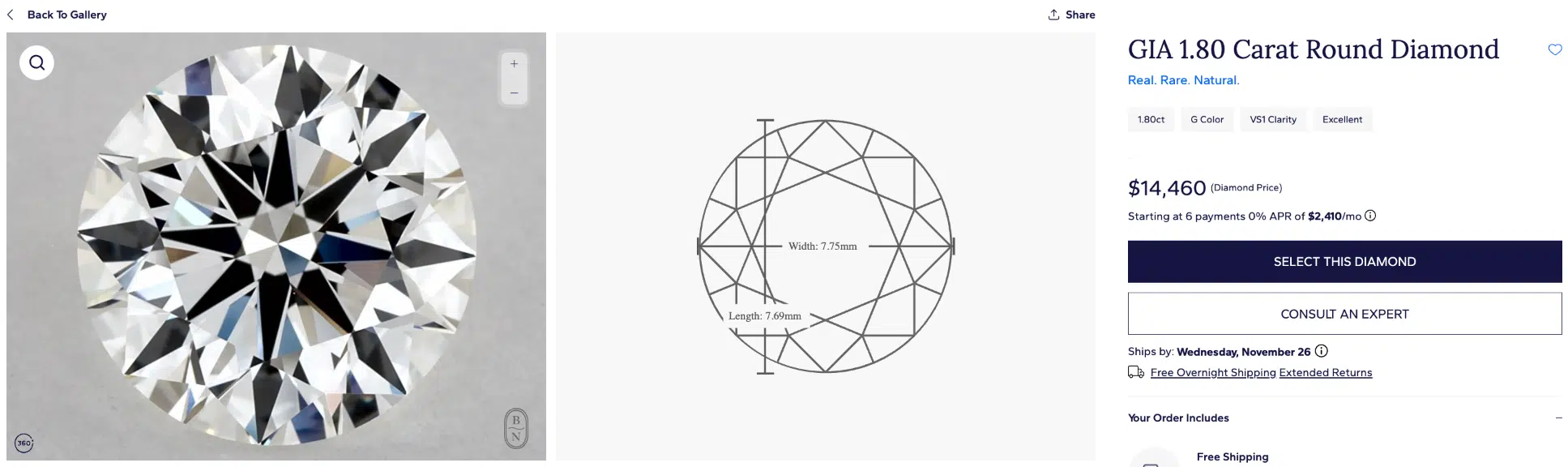 Blue Nile product page displaying the GIA 1.80 Carat G-VS1 Excellent Cut Round Diamond priced at $14,460, representing the balanced value option in the Rare Carat review comparison.