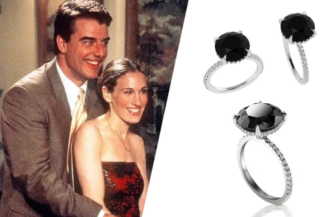 Mr. Big gives Carrie Bradshaw a 5-carat black diamond engagement ring in Sex and the City 2, illustrating his quote, "Because you are not like anyone else."