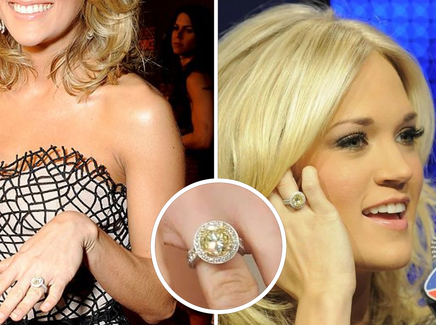 Carrie Underwood wearing her unique 5-carat round-cut yellow diamond engagement ring, set in a platinum halo setting with white diamonds, a rare example of a round brilliant cut in a fancy colored diamond.