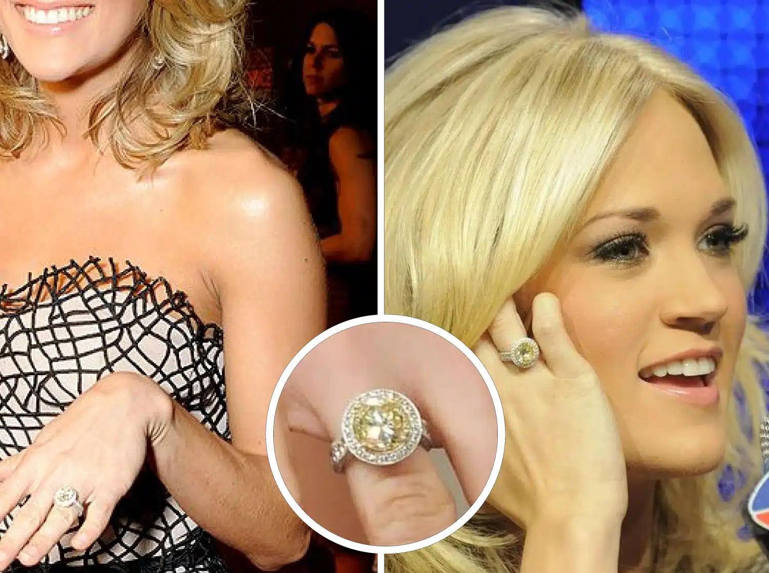 Carrie Underwood wearing her unique 5-carat round-cut yellow diamond engagement ring, set in a platinum halo setting with white diamonds, a rare example of a round brilliant cut in a fancy colored diamond.