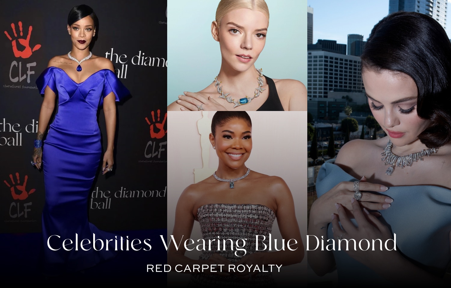 Celebrities Wearing Blue Diamond Jewelry on the Red Carpet: Collage featuring A-list stars like Rihanna and Selena Gomez wearing spectacular blue diamond gems and vivid blue diamonds. The image demonstrates how the blue color diamond is used as an exclusive, high-fashion A-List Accessory at events like the Emmys and Met Gala, cementing the stone's status as a top blue diamond stone.