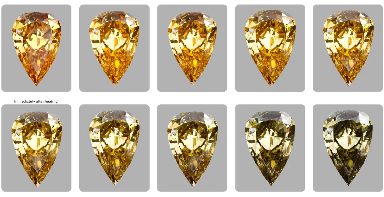 Ten-panel sequence showing a pear-shaped chameleon diamond immediately after heating (top row, deep orange-yellow) and its gradual reversion back to its original greenish-yellow color over a few minutes (bottom row, fading to olive green on the right).