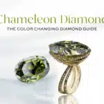 Feature image for the Chameleon Diamond Guide: A large, stunning olive-green chameleon diamond ring set in yellow gold, next to a loose, matched olive-green oval chameleon diamond.