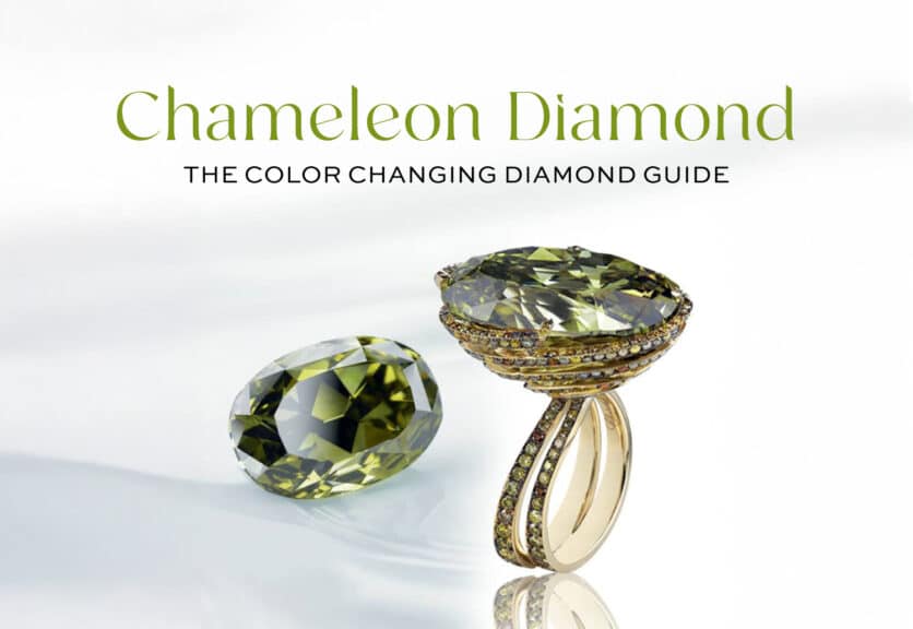 Feature image for the Chameleon Diamond Guide: A large, stunning olive-green chameleon diamond ring set in yellow gold, next to a loose, matched olive-green oval chameleon diamond.