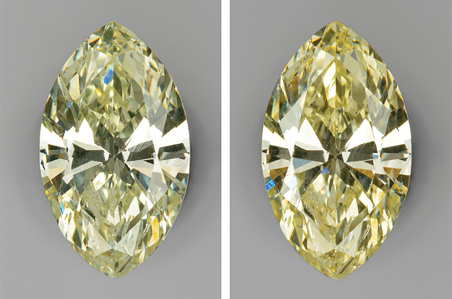 A 0.31 carat marquise-cut chameleon diamond demonstrating photochromism, with the initial greenish-yellow color shown at room temperature (left) and the darker color after being heated (right).