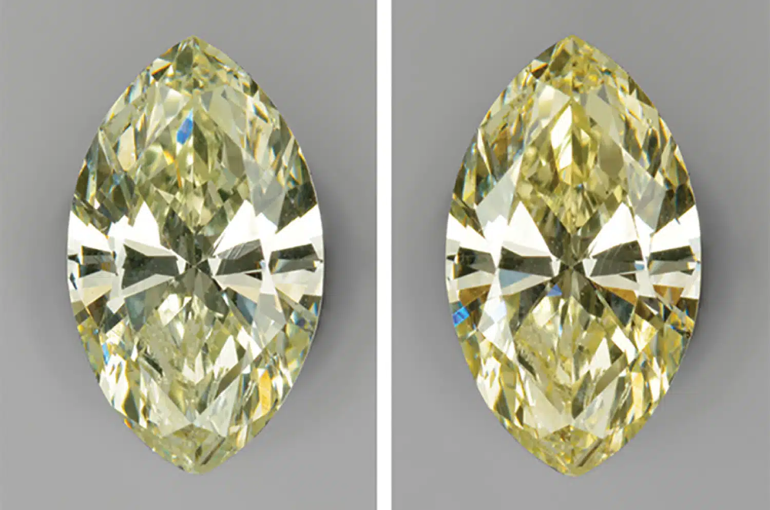 A 0.31 carat marquise-cut chameleon diamond demonstrating photochromism, with the initial greenish-yellow color shown at room temperature (left) and the darker color after being heated (right).