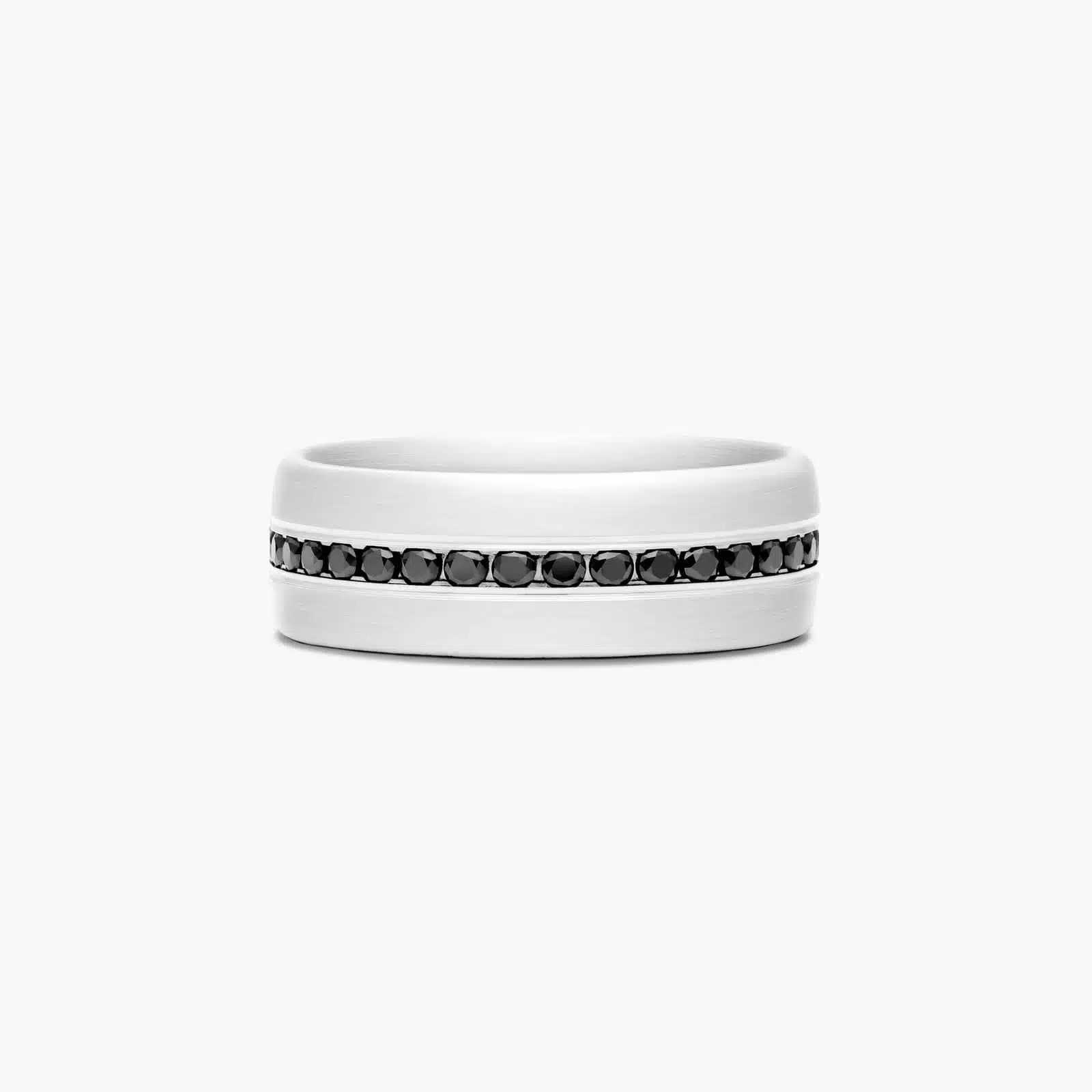 channel-set-mens-white-gold-black-diamond-wedding-bands A Comfort Fit Mens White Gold Black Diamond Wedding Bands (7.50mm) in 18K White Gold with 0.40 CTW channel-set Black Diamonds.