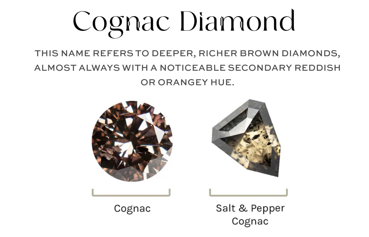Close-up image comparing a deep brown cognac diamond with a reddish hue and a darker, inclusion-filled salt and pepper cognac diamond.