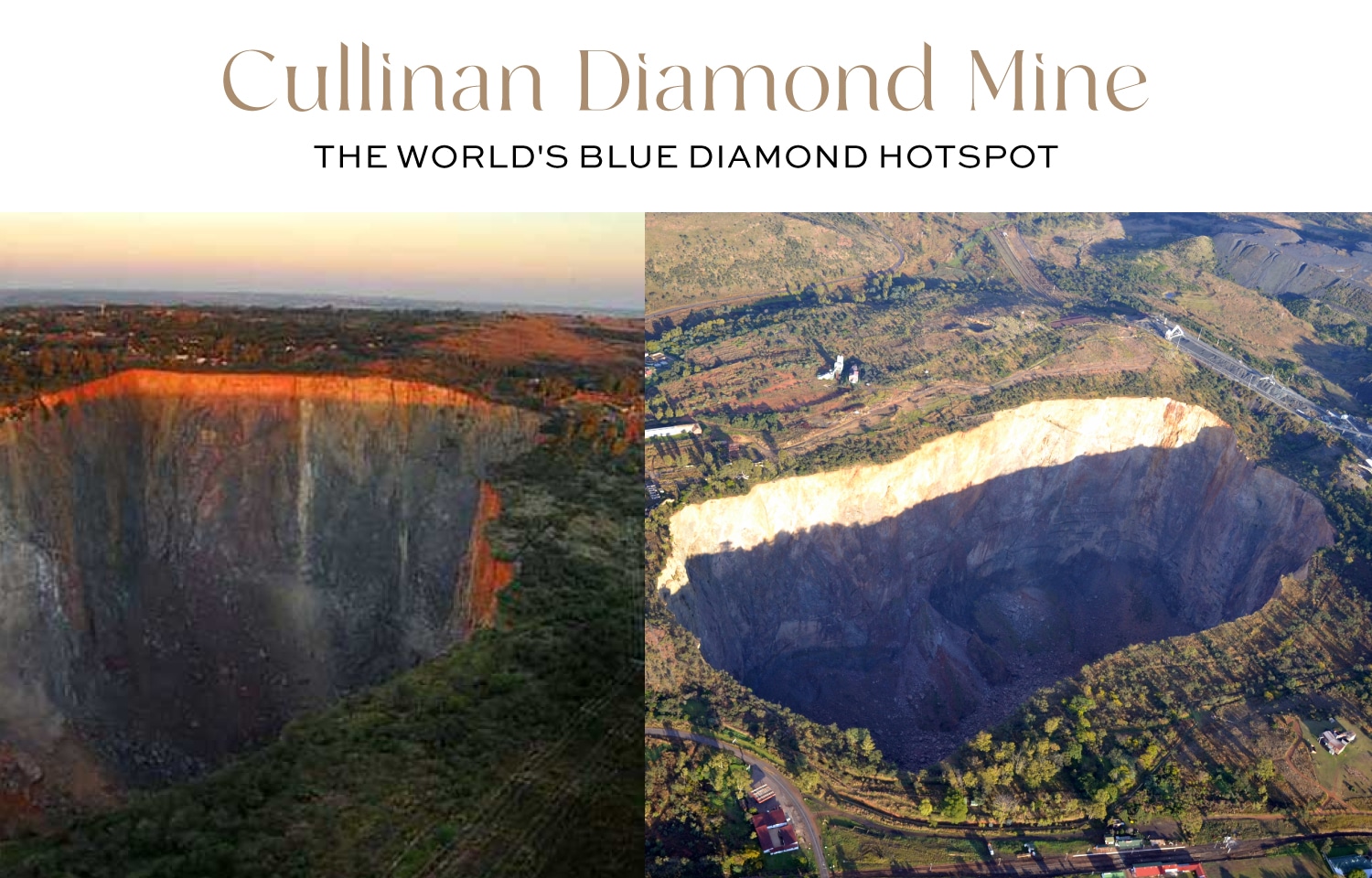 Cullinan Diamond Mine: Aerial view of the massive Cullinan Mine in South Africa, known as the global blue diamond mining hotspot. Over 90% of the world's most valuable natural blue diamonds originate here, illustrating the extreme rarity and scarcity of these stones, directly impacting the blue diamond cost globally.