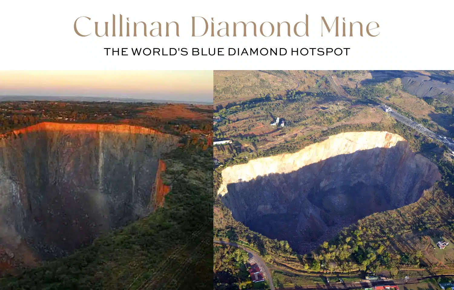 Cullinan Diamond Mine: Aerial view of the massive Cullinan Mine in South Africa, known as the global blue diamond mining hotspot. Over 90% of the world's most valuable natural blue diamonds originate here, illustrating the extreme rarity and scarcity of these stones, directly impacting the blue diamond cost globally.