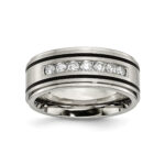 A Solid Titanium Mens Titanium Wedding Bands With Diamonds (9mm) with a Matte Brushed Enameled Finish and 1/2 CTW diamonds.