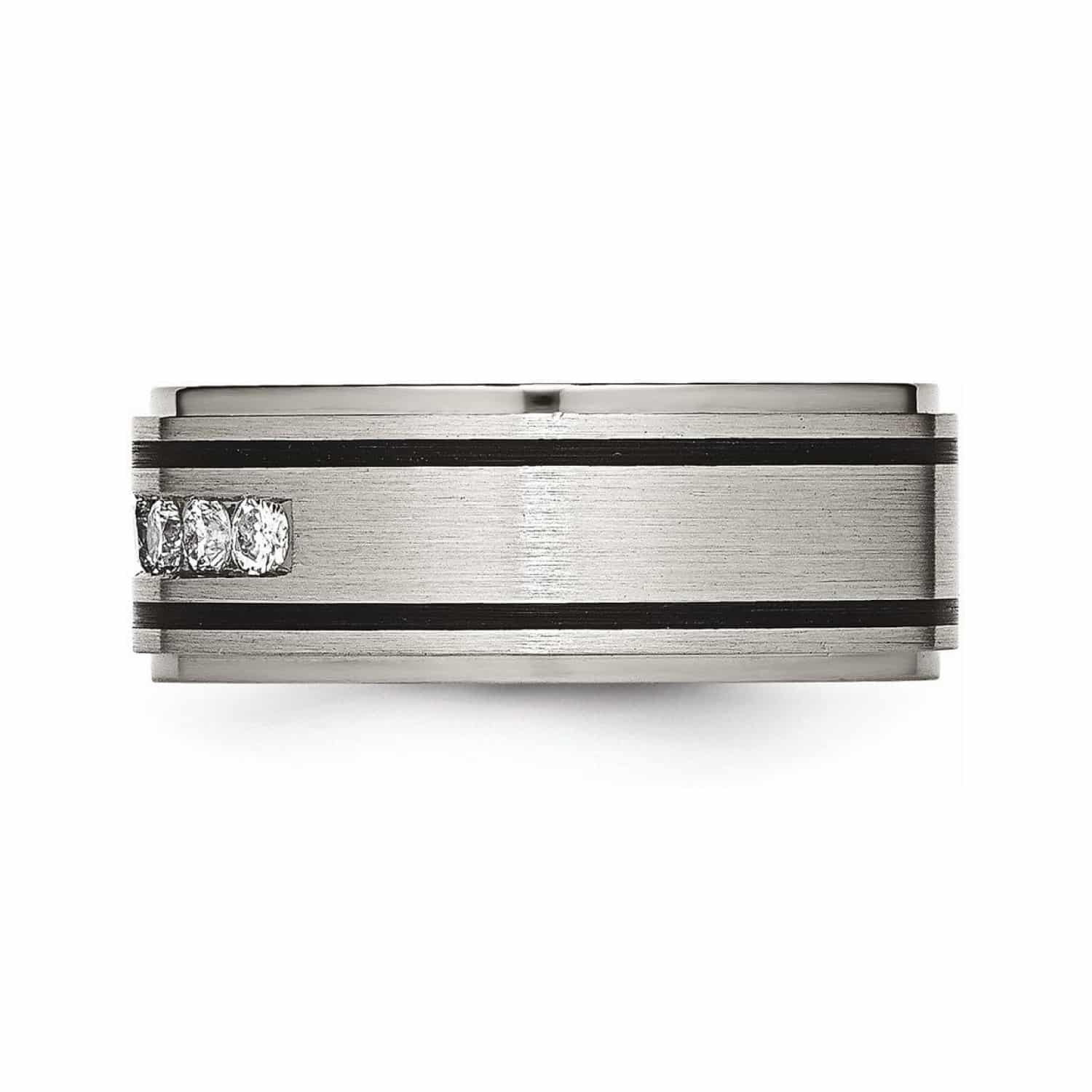 A Solid Titanium Mens Titanium Wedding Bands With Diamonds (9mm) with a Matte Brushed Enameled Finish and 1/2 CTW diamonds.